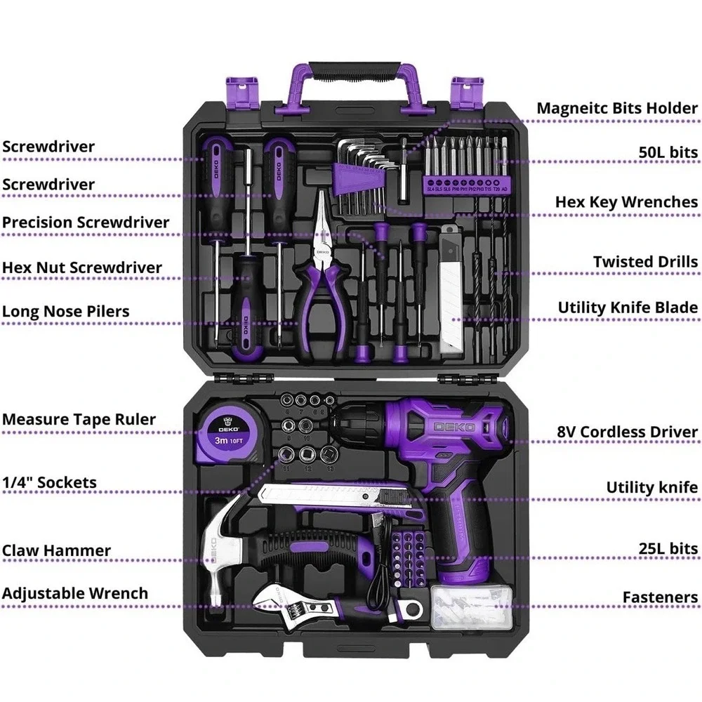 8V Cordless Drill Set: 126 Piece Tool Kit with Drill, Home Tool Set for Women
